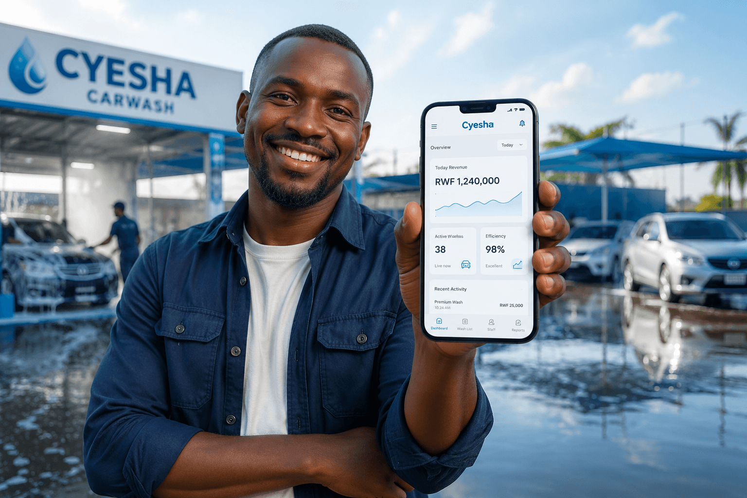 Cyesha carwash owner holding a phone showing the live dashboard — revenue, active washes, and efficiency at Cyesha Carwash